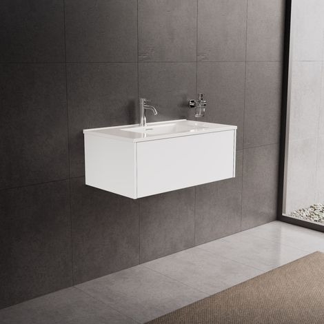 Inda - Badezimmerschrank 1 Schublade L.80 mit glänzendem Waschbecken / Mattweiß - diamante (1/5)