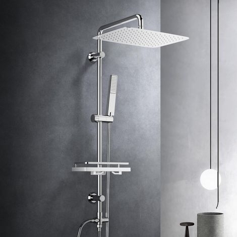 Görbach Colonne de douche chromée adaptable aux installations existantes, douche pluie rectangulaire 35x25 cm avec tablette intégrée (1/5)