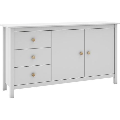DAVA - Buffet L.130cm 2 Portes 3 Tiroirs en Pin Massif Blanc (1/5)