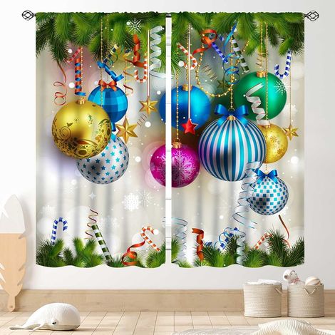 Rideaux De Noël - Motif Branches De Sapin Et Boules - Pour Salon Chambre Cuisine Salle De Bain - 2 Panneaux - 213 X 160 Cm (1/5)