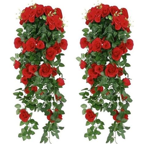 Rose Artificielle Fleurs Fausses Plantes Suspendues Mur Maison Balcon Panier Decor Pack de 2 (1/4)