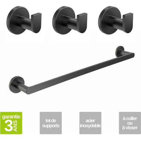 Porte serviette salle de bain 50cm et patère murale 25 cm - acier inoxydable S.304 noir mat - Fixation Collée ou Vissée (1/5)