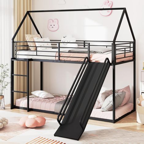 COSTWAY Letto a Castello per Bambini 90x200 cm, Letto Montessori con Scivolo Scala, Struttura in Metallo e Sponda di Sicurezza, Forma di Casa, senza Bisogno di Rete a Molle, Portata 110 kg (Nero) (1/5)