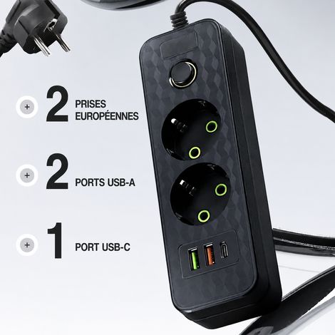 Multiprise Européenne HG-2602 2 Prises Câble 2m 2 USB 1 Type-C 5V 2,1A Interrupteur ABS 220-250V 400 g – Livraison gratuite (1/5)