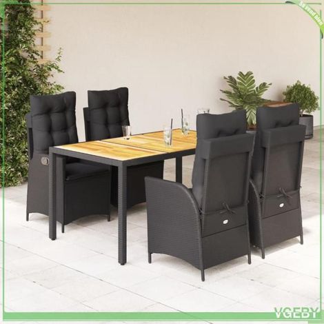 Ensemble à manger de jardin - FAF7291712416514 - Résine tressée - Table acacia 150x90 cm - Coussins noirs (1/5)