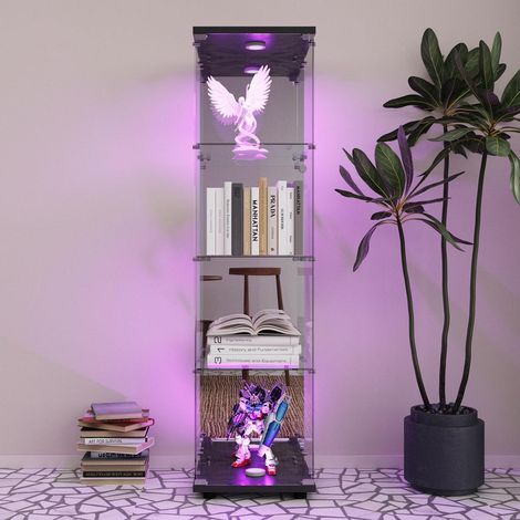 Vitrine de collection en verre noir 4 étagères avec éclairage LED et serrure (1/5)