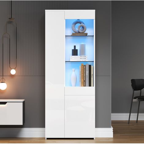 Vitrine 70x35x180 cm blanche en panneau de particules avec LED et rangement à portes