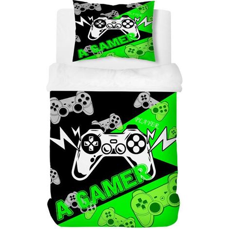 1 Parure de lit,Housse de couette 140x200cm,Microfibre,Taie d'oreiller 50x75cm,Motif gamer,Chambre enfant