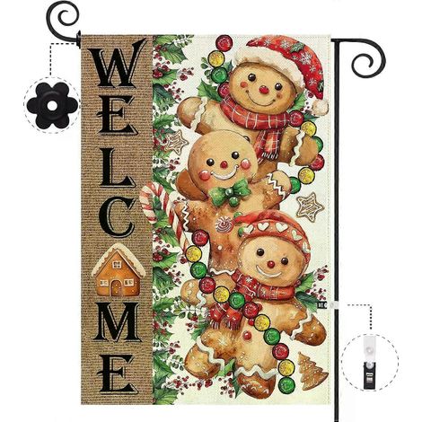 Drapeau de jardin double face 12x18 pouces « Bienvenue chez un homme » en pain d'épice avec canne de Noël, houx et baies rouges (1/5)