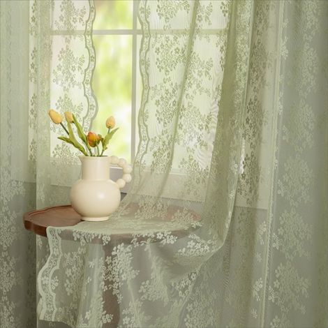 CCYKXASet mit 2 salbeigrünen Spitzengardinen, 160 cm lang, für Schlafzimmer, elegante, bestickte Blumengardinen, die das Licht filtern, 132,1 x 160 (1/5)