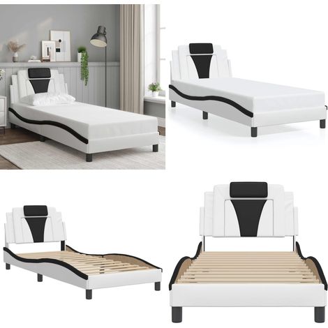 Bettgestell mit Kopfteil Weiß und Schwarz 90x200 cm Kunstleder - Bettstellengestell - Doppelbett - Schlafzimmermöbel - Kunstlederbettwäsche - Modernes Bett - Home & Living (1/5)