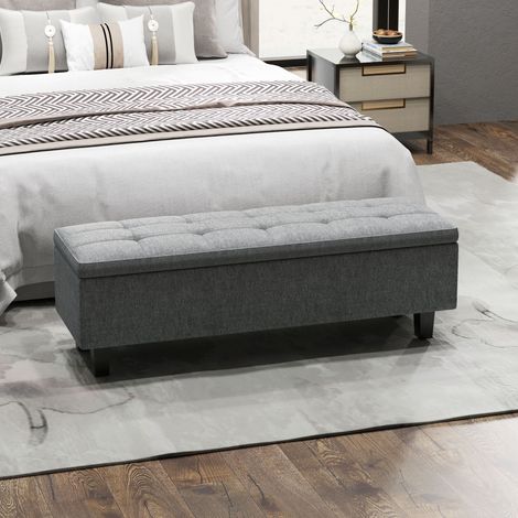 Banc de rangement capitonné effet lin, 138 x 40 x 45 cm, gris foncé HAVRYA (1/5)