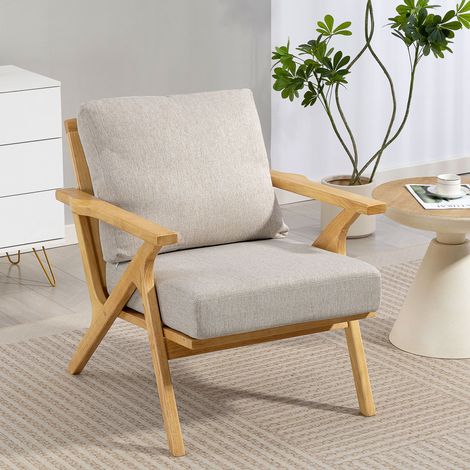 Fauteuil salon, fauteuil scandinave en tissu effet lin, coussins rembourrée et pieds en bois d'hévéa, beige, 76x87x88cm