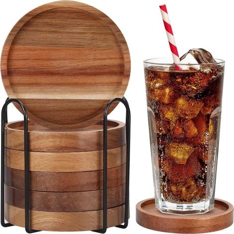 Juego de 6 posavasos redondos reutilizables de madera de acacia con soporte de hierro para bebidas, café, bar y cocina.