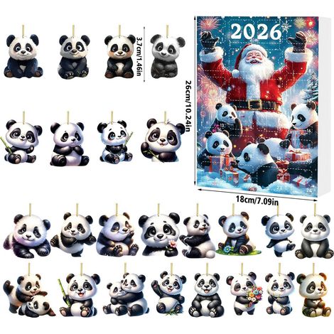 Calendrier de l'Avent Panda du Père Noël 2026 - 24 adorables décorations suspendues en acrylique 2D représentant des pandas - Calendrier de l'Avent de 24 jours pour décorer le sapin de Noël et offrir (1/5)
