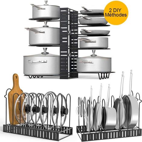 1 soporte para ollas, metal negro, altura regulable, capacidad para 9 utensilios, montaje en armario o mesa. (1/5)