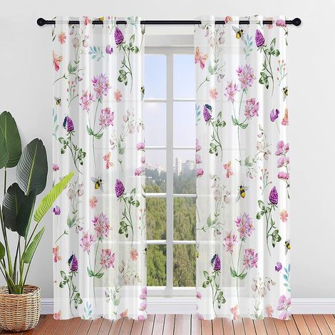 Juego de 2 cortinas transparentes con estampado floral arrugado, cortinas semitransparentes con ojales, cortinas de estilo escandinavo para la decoración del hogar, dormitorio, sala de estar (80x115cm (1/5)