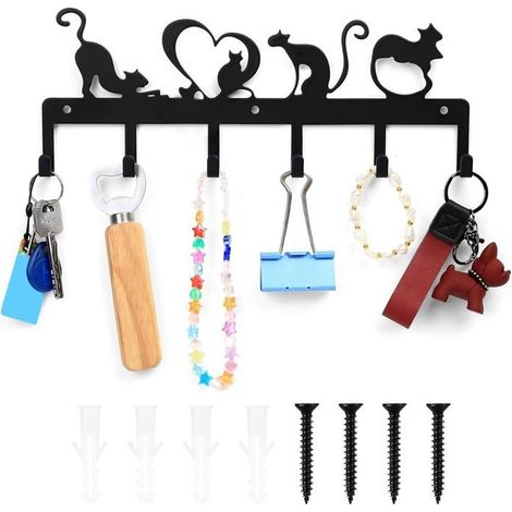 Katzen-Schlüsselhalter zur Wandmontage, 6 schwarze Haken, dekorativ, für Eingangsbereich, Küche, Büro, Badezimmer, Aufbewahrung (1/5)