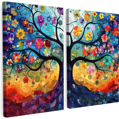 TABLEAU SUR TOILE Colorée - Arbre de vie - Fleurs - Abstrait Lot de 2 160x120 (1/5)