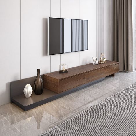 Meuble TV Extensible en Noyer avec 3 Tiroirs Autoportant pour Télévisions de 80 Pouces et Plus