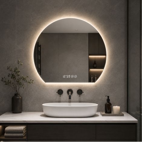 Miroir LED rond de salle de bain 80 cm anti-buée, variateur 3 températures, argent OKMYHOME (1/5)