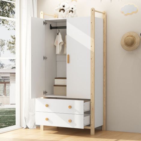 Armoire 2 portes avec penderie et 2 tiroirs, idéale pour une chambre, un salon ou une entrée.structure blanche et cadre en pin. Dimensions : 90 × 45 × 180 cm.