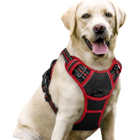 Harnais Chien Anti Traction, Arnet pour Chiens avec Poignée Contrôl, Facile à Mettre, Gilet Réfléchissant Réglable avec Attache Devant, Harnais pour Chien Grand Moyen, Noir et Rouge, L (1/5)