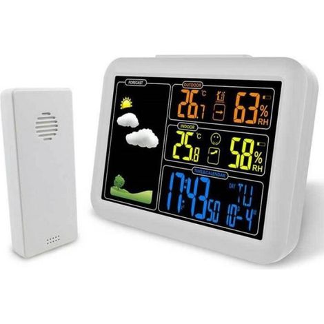 Station Météo - Écran LCD Couleur - Capteur Sans Fil Intérieur/Extérieur - Réveil avec Prévisions 24h - 13,5 x 2 x 10 cm (1/4)