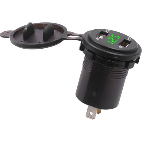 Chargeur Voiture Double USB 4.2A Étanche avec Voltmètre LED et Câble 60cm Vert DC12-24V (1/5)