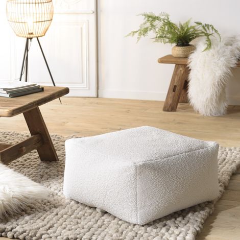 AGATHE - Pouf carré 53x53cm tissu bouclette blanc (1/5)