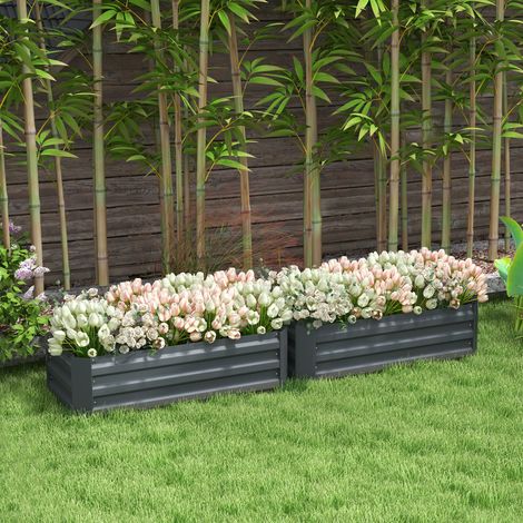 Lot de 2 bacs de jardin en tôle d'acier ondulée gris, 100x50x30 cm, idéal pour potager extérieur