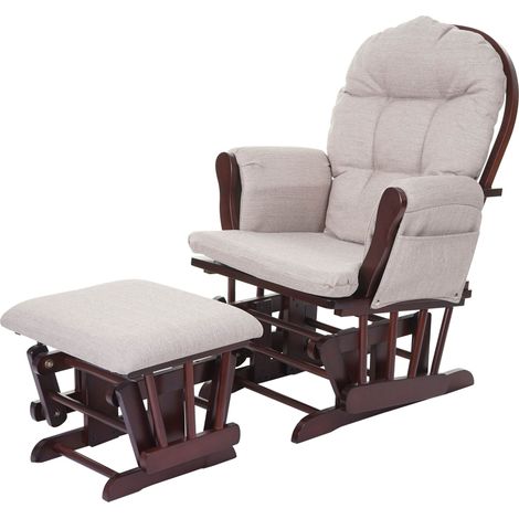 Relaxsessel HHG-721, Schaukelstuhl Sessel Schwingstuhl mit Hocker Stoff/Textil, creme-grau, Gestell braun