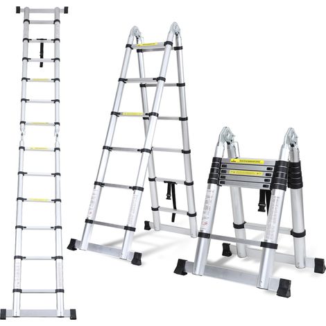 Jiubiaz Escalera telescópica Pro 3,8 m plateada 150 kg, patas antideslizantes