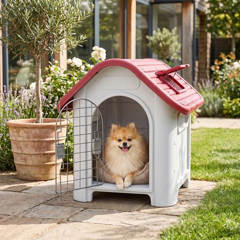 Niche chien double porte métal multi-ventilation 59x75x66 cm rouge intérieur extérieur (1/5)