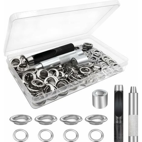 [NEVER USED] Eyelet tool set, eyelet sets 100 set, eyelets for tarpaulins, eyelet eyelet set, for repairing canvas tarpaulins, tents, silver, 12 mm (inner diameter), MINKUROW
