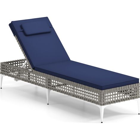 COSTWAY Rattan Sun Lounger 6-Level Adjustable Garden Chaise Lounge Chair-Navy (1/5)