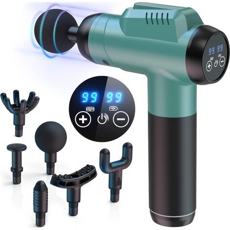 Pistola de masaje muscular silenciosa: 99 niveles de intensidad, 9800 RPM, 6 cabezales de masaje - Para el alivio del dolor de espalda (1/5)