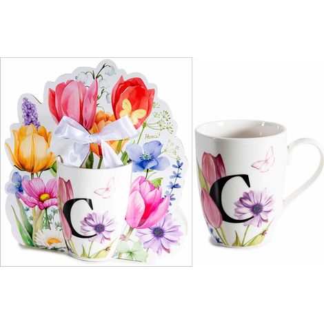 Tasses en porcelaine imprimé floral et initiale C en coffret cadeau découpé avec nœud, lot de 3, tasse : diam. 8 cm x H. 10,5 cm