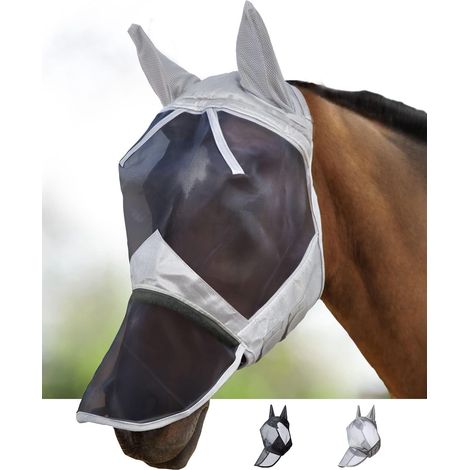 Masque Anti-Mouches Protection Anti-UV Oreilles et Naseaux Argent/Noir Pur-Sang (M)
