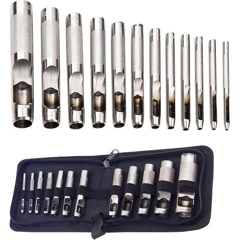 12 Pcs Poinçon Creux en Cuir Kit d'Outil de Poinçonnage,pour le Cuir, Bande de Montre, Toile, Oeillet 3mm-19mm (Métal) (1/5)