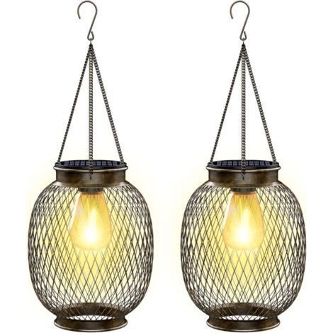 Solar Lamp Outdoor Garden Hanging, IP65 Waterproof Outdoor Solar Lantern 2 Pieces Metal Outdoor Solar Light with LED Bulb Solar Lamp Balcony for Porch Courtyard Garden Terrace [Class (1/5)