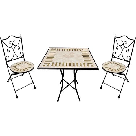 Ensemble table et chaises bistro 2 places – Mosaïque beige toscane – Cadre métal durable – Chaises pliantes pour rangement facile – AXI