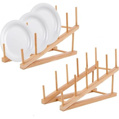 Lot de 2 supports à vaisselle en bois de bambou, support de couvercle de casserole, support de séchage de vaisselle, organisateur d'armoire de cuisine, pour tasse, planche à découper, bol (1/5)