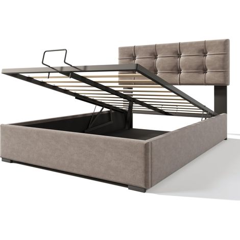 Lit coffre double 140x200 cm en velours gris clair avec tête de lit réglable (1/5)