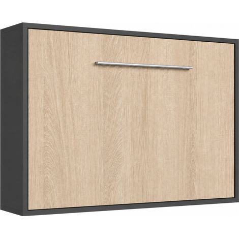 Lit escamotable horizontal avec étagères intérieures BIBLO - Poignée acier brossé 89cm Matelas mousse 18 cm Gris anthracite-Avec matelas-160x200-Cadre Anthracite-Façade Chêne clair (1/5)