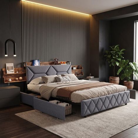 Cama 160x200 cm con somier, cama doble para adultos con 4 cajones, toma USB + Tipo C, almacenamiento incluido, Gris (1/5)