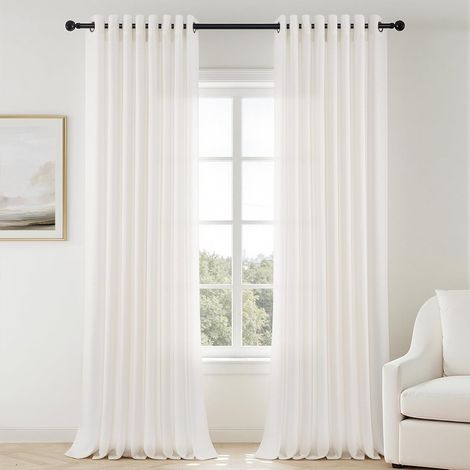 2pcs Rideau Lin Blanc 140x225cm, Voilage Translucide à Oeillets pour Salon Chambre Cuisine (1/5)