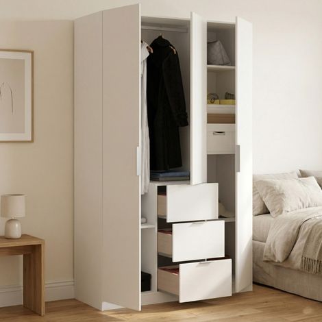 Dmora - Armario falterona, Perchero para dormitorio, Armario con 3 puertas batientes y 3 cajones, 135x52h204 cm, Blanco (1/5)