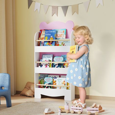 Bibliothèque pour enfants avec 3 étagères en forme d'ours en peluche et barrières de sécurité, 55 x 15 x 110 cm, rose (1/5)