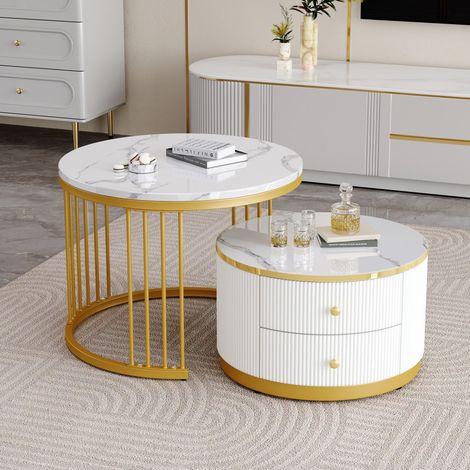 Lot de 2 Tables Basses Gigognes - 60x60x45.5cm et 50x50x32cm - Plateau Effet Marbre High Gloss 2 Tiroirs - Blanc (1/5)